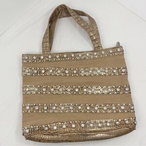 Annie Tan Woven Reptile Faux Leather Rhinestone Embellished Sparkle GlamTote Bag